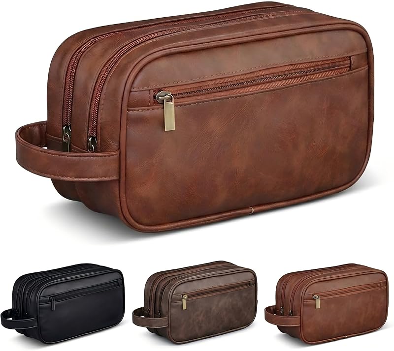 Necessaire masculina OIMEI de viagem em couro sintético, com dois compartimentos, bolsos internos e alça lateral, marrom