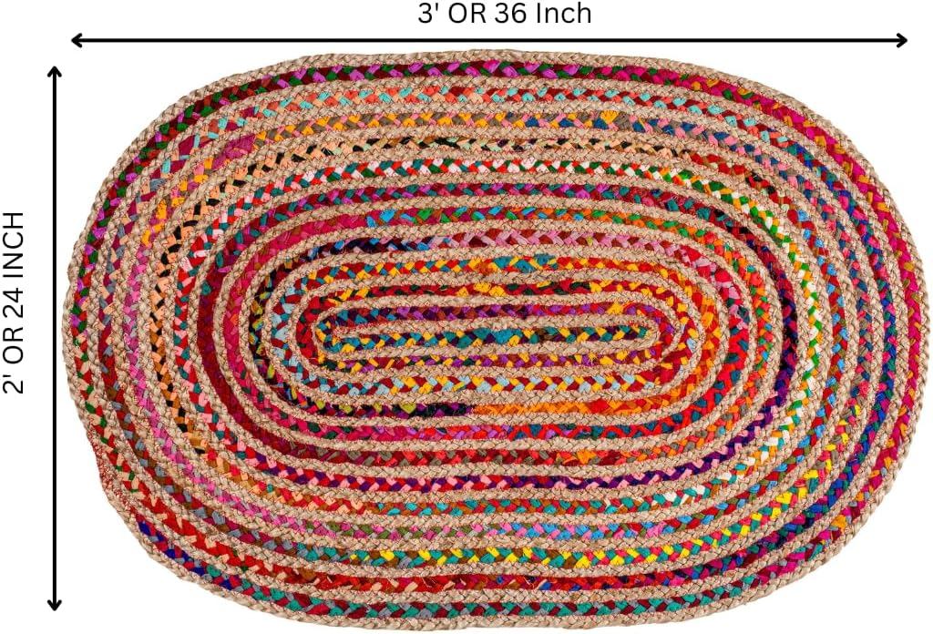 Cotton Chindi Braid Rag Rug - Boho Farmhouse Rustic Area Accent Throw Rug - Handwoven Reversible Natural Recycled Cotton - Living Room Den Study Home Décor Gift - 2' x 3' Oval - Multi Color