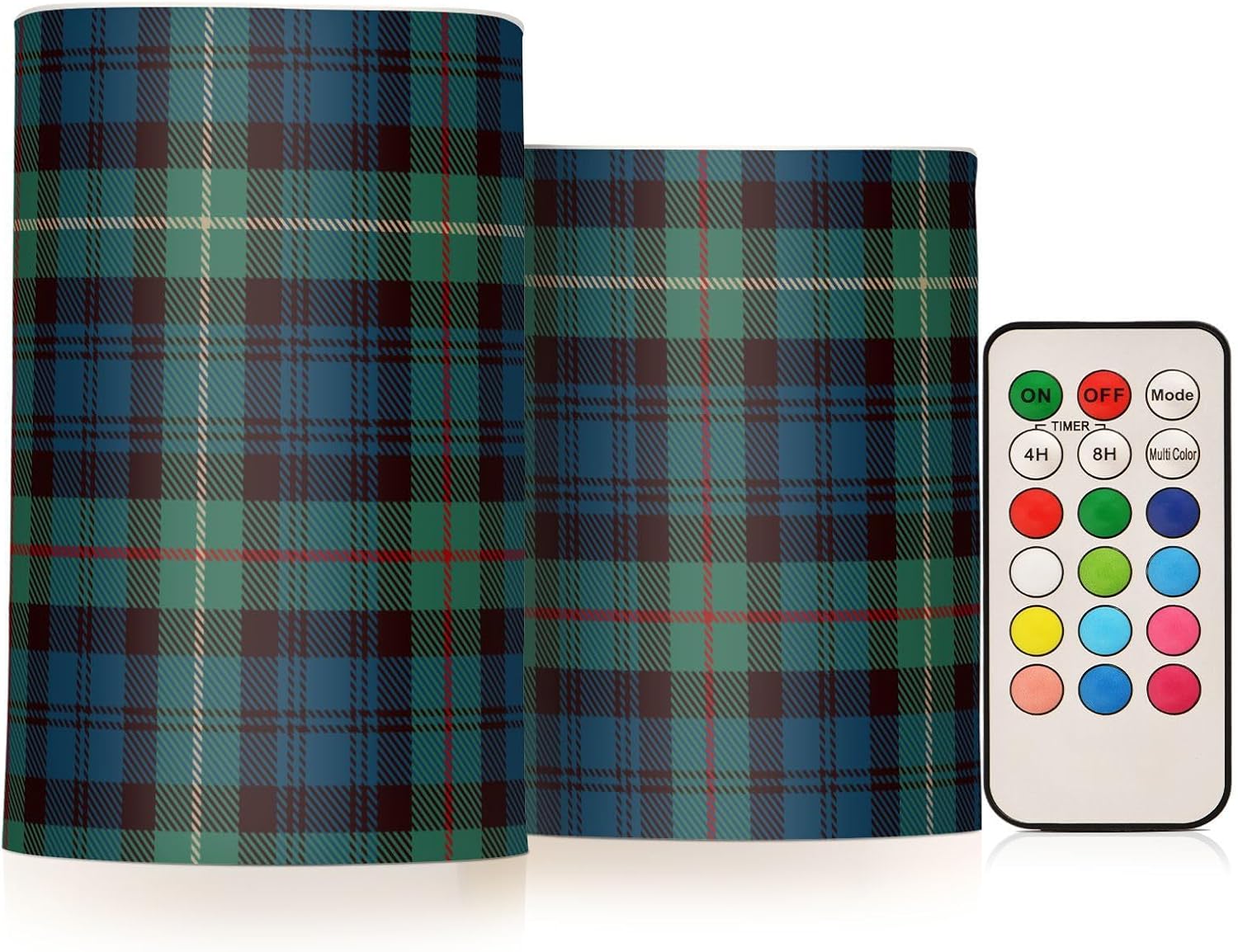 Plaid Tartan Verdant Flickering Flameless Candles Battery Operated Candles Pillar Electric LED Candle Lights with Timer and Remote for Home Christmas Halloween Wedding Decoration Set of 2