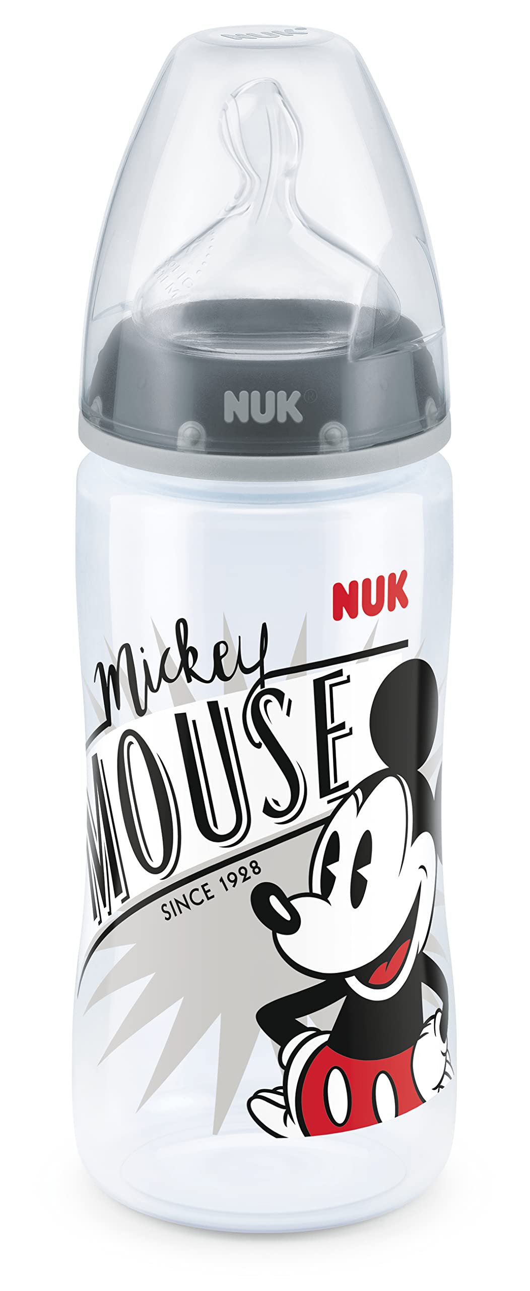NUK First Choice+ Disney Babyflasche | 6-18 Monate | Temperature Control Anzeige | 300 ml Flasche mit Anti-KoliK-Ventil | BPA-frei | Trinksauger aus Silikon | Mickey Mouse (grau)