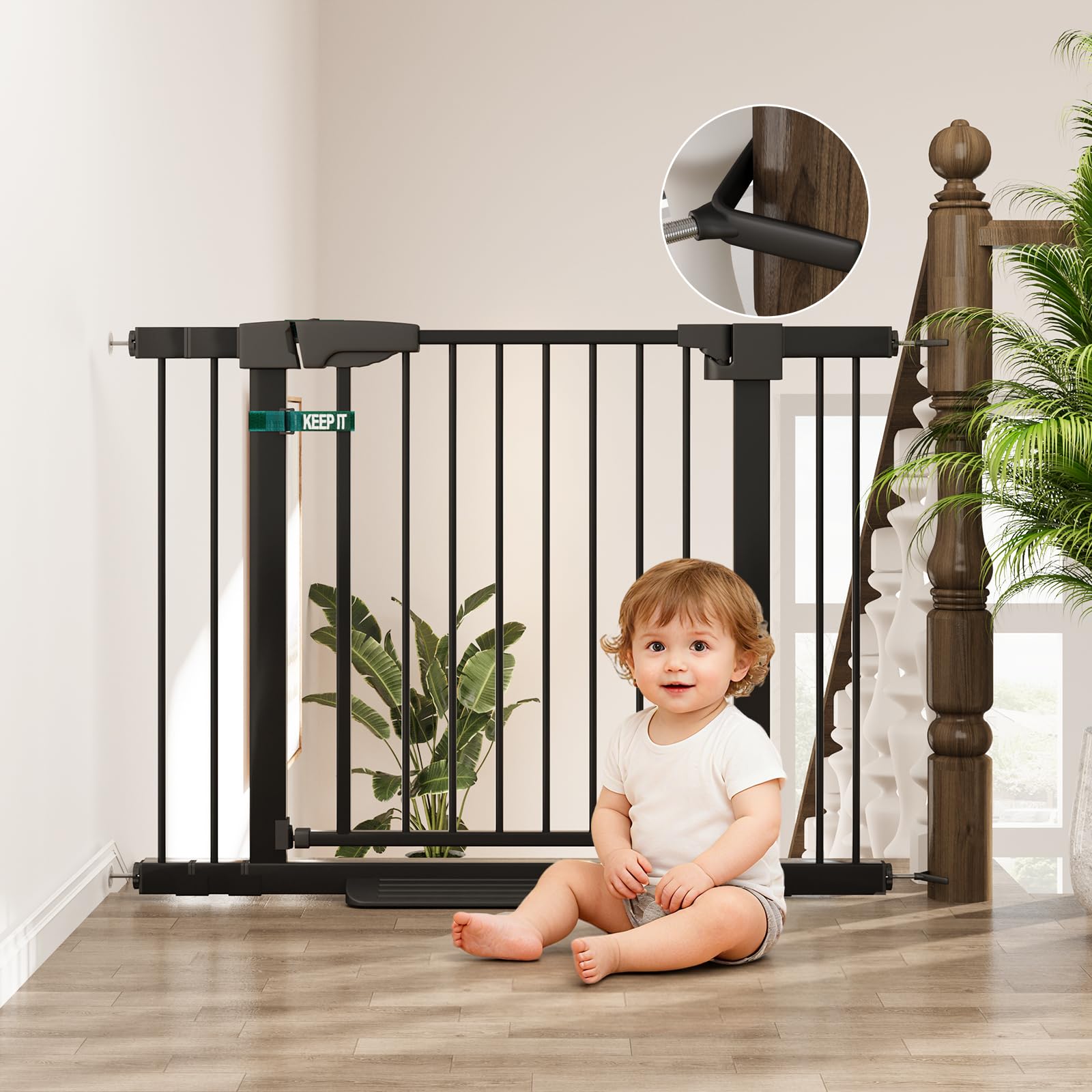 29-43" baby gate for stairs, 30" tall dog gate indoor, pressure mountd baby gates with auto-close/hold-open features and anti-trip pedal, safety kids gate for doorways, house, stairs
