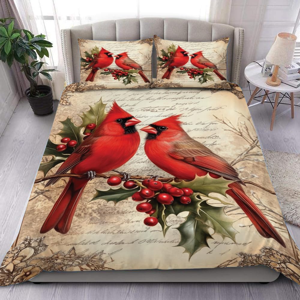 Vintage Cardinal Couple Bedding Set, Christmas Bedspreads King Queen Twin Full Size, Cardinal Home Decor Cardinal Home Decor Bedspread Lightweight Ultra-soft Xmas Bedding All Season, Cardinal Gifts