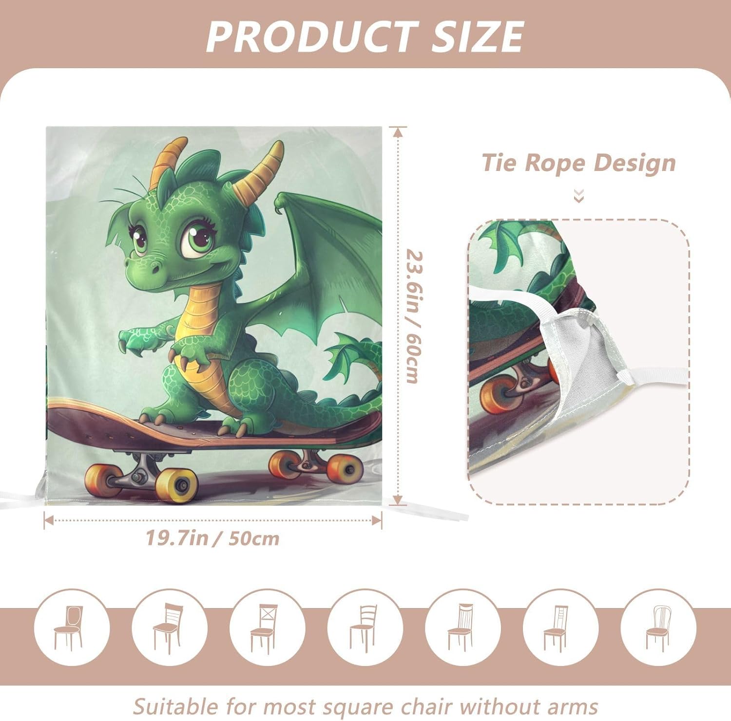 ALAZA Green Dragon Rides A Skateboard Chair Back Cover Set of 6, Washable Reusable Removable Chair Slipcovers Decorative Chair Cover for Home Kitchen Wedding Party