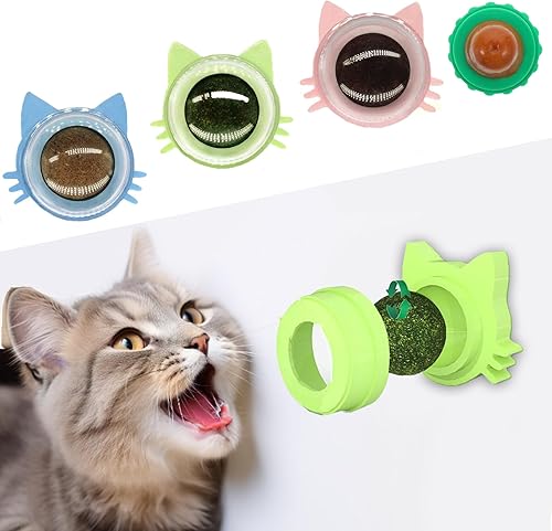 GREMBEB 4 juguetes de hierba gatera para gatos, juguetes para gatos, 4 sabores, bola de vid plateada en la pared, golosinas masticables para limpiar