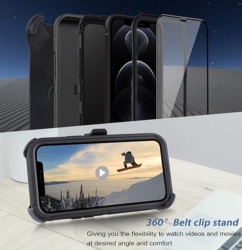 Miniatura 3 de Funda para iPhone 12 Pro Max de 6.7 pulgadas, funda con clip para cinturón con 2 protectores de pantalla, cuerpo completo, resistente, grado