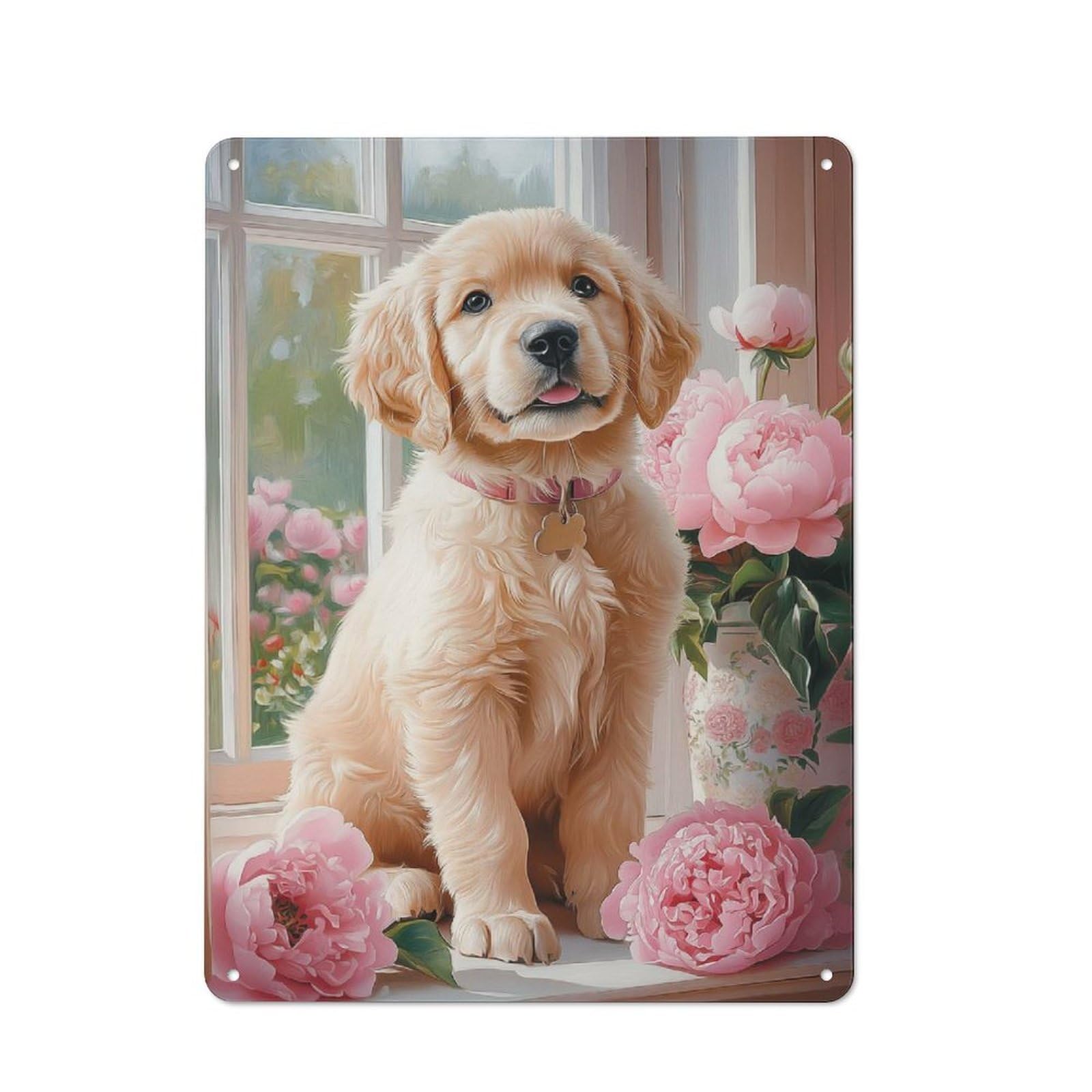 Golden Retriever Puppy with Peonies Character Metal Wall Decor 40x30cm, Vintage Metal Sign for Home, Shop, Pub Or Studio Wall
