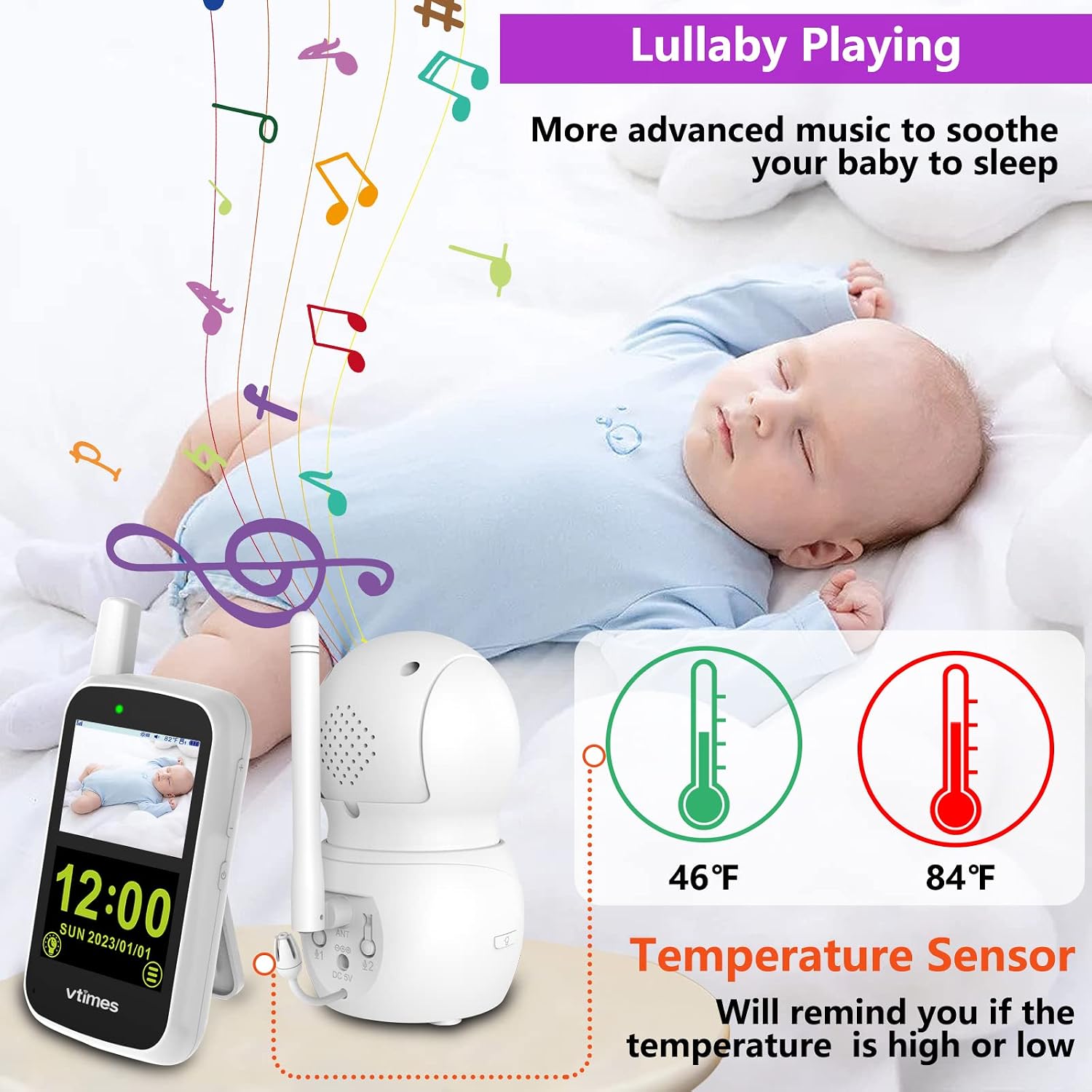 VTimes Baby Monitor playing lullabies and displaying temperature sensor