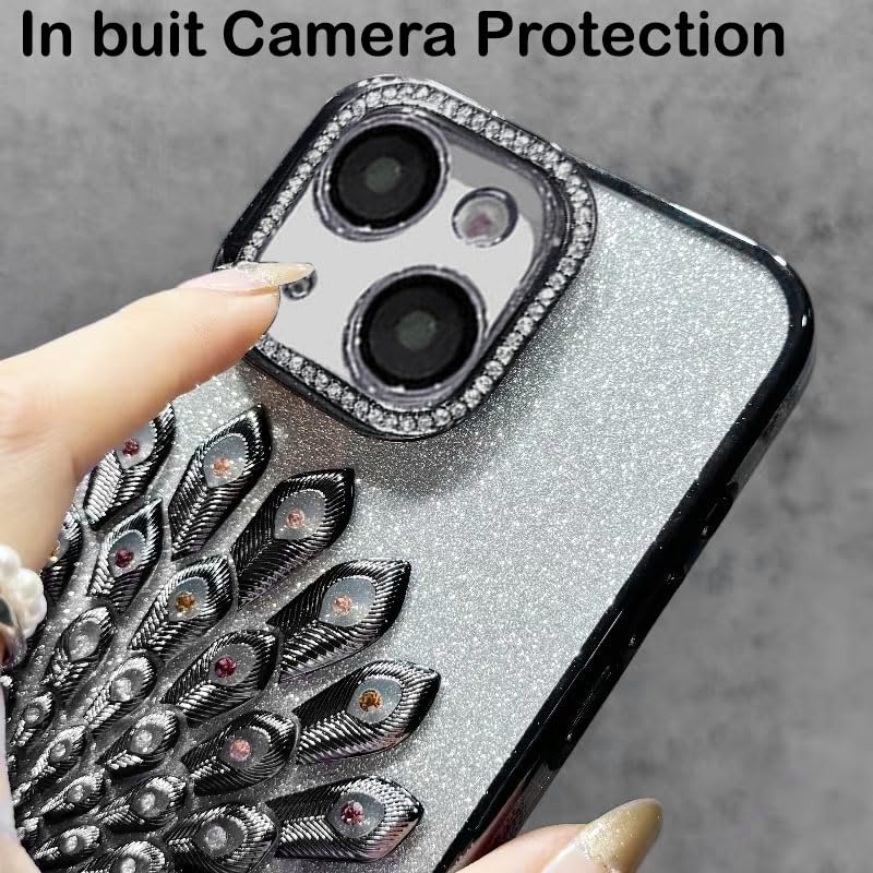 Image of mobistyle Case for iPhone 15,3D Diamond Luxury Electroplate Glitter Peacock Tail Bling Design Camera Protection Shockproof Phone Case for (Black, iPhone 15)