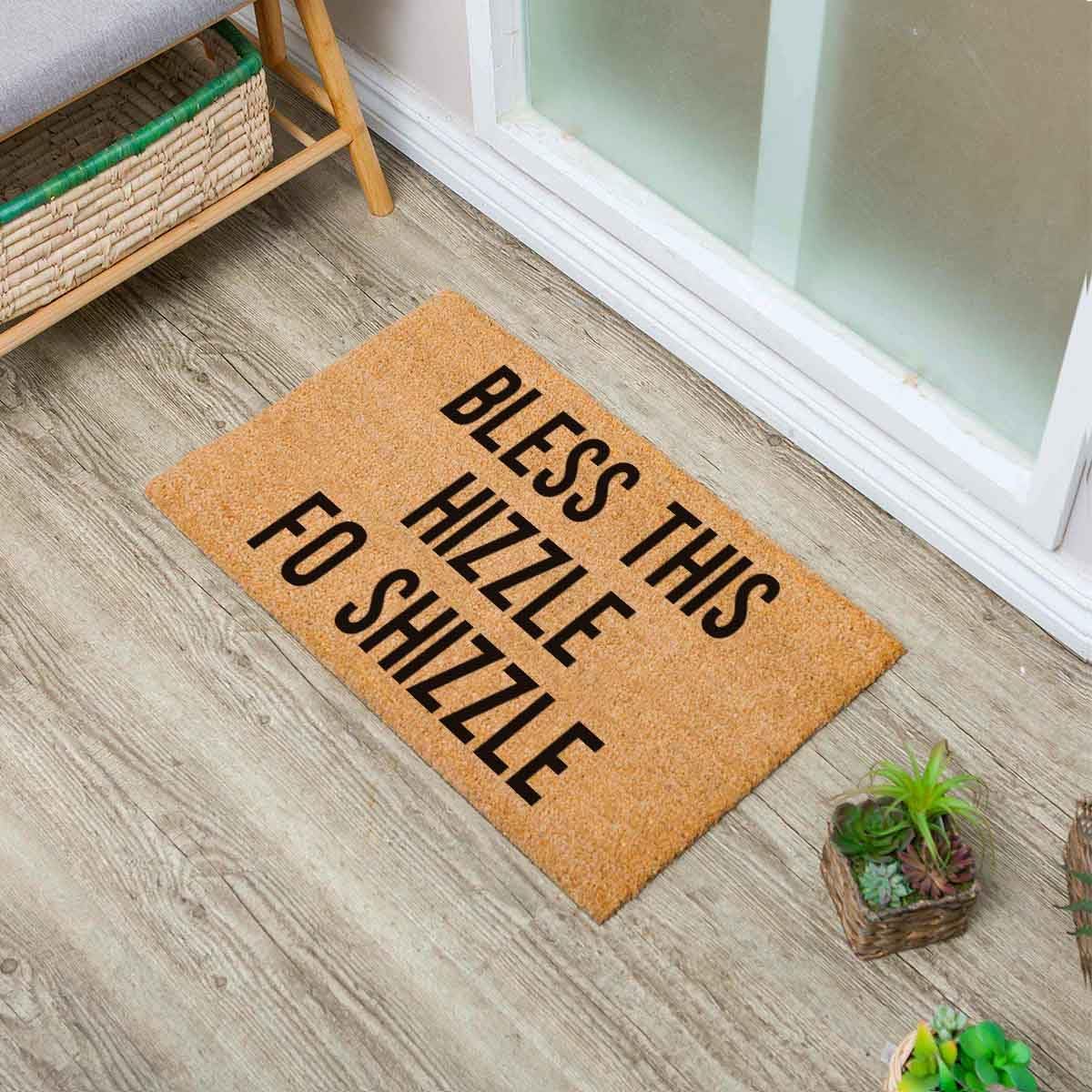 Funny Coir Doormat Bless This Hizzle Fo Shizzle Front Door Mat with Heavy Duty Front Porch Easy to Clean Entry Brown Mat with Black Font 23.6 x 15.7 inch