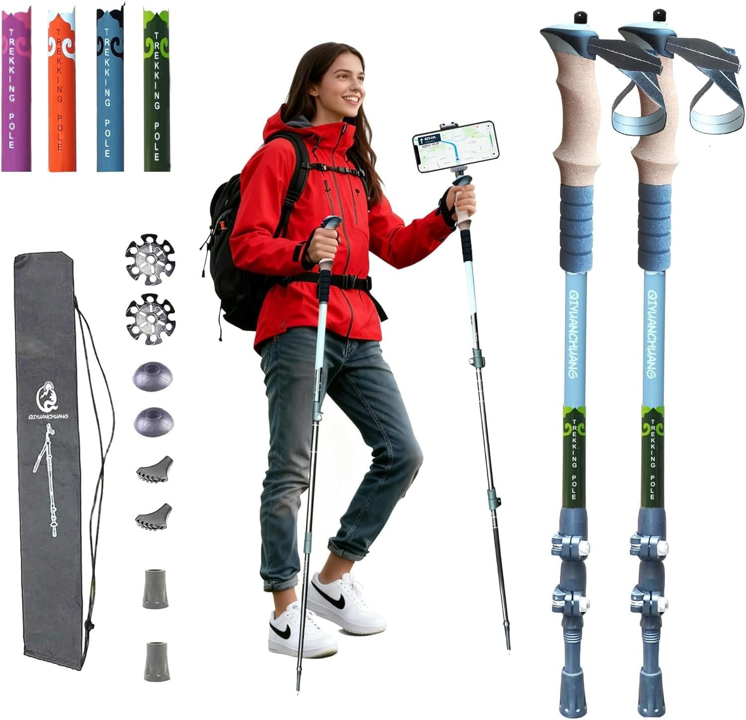 Trekking Poles with Phone Holder & Camera Mount - 1/4" Thread for Action Cameras, Ultralight Collapsible Hiking Sticks for Women, Men, Seniors, Tip Kit (Complete Bundle)