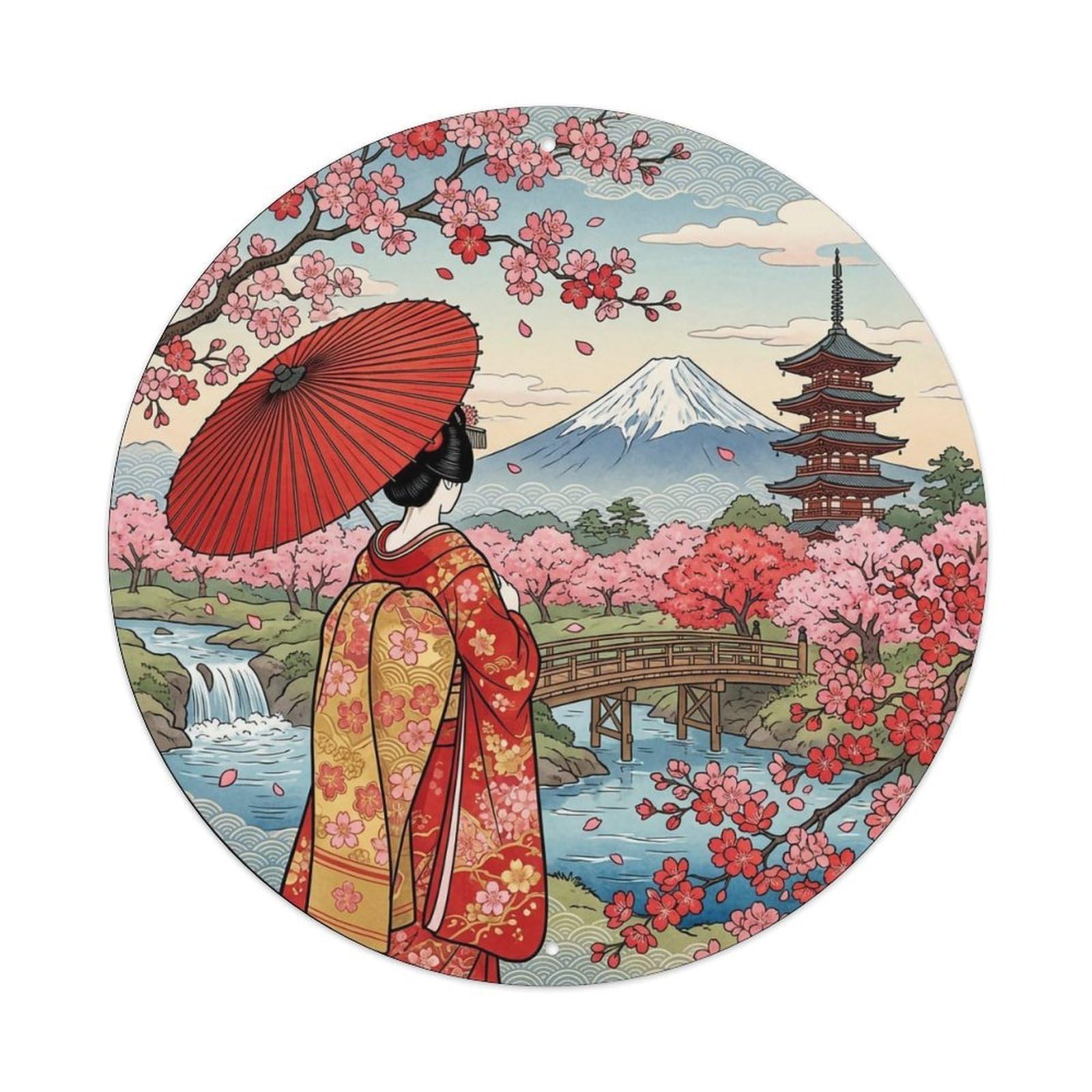Japanese Geisha Cherry Blossom Viewing Vintage Ornament Metal Tin Sign