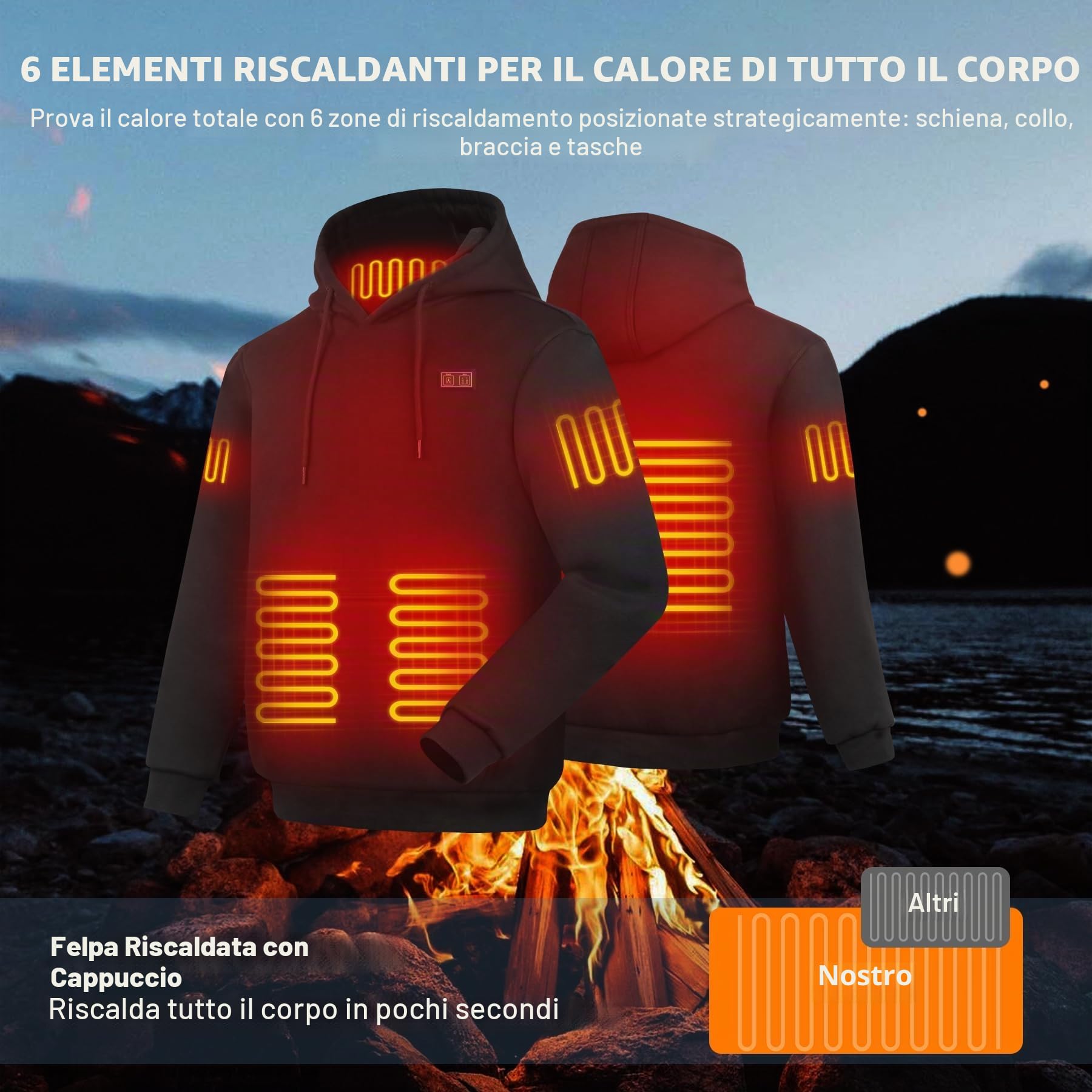 Felpa con Cappuccio Riscaldata per Uomo e Donna con fodera in pile, batteria da 7,4 V e 16000 mAh, 6 zone di riscaldamento
