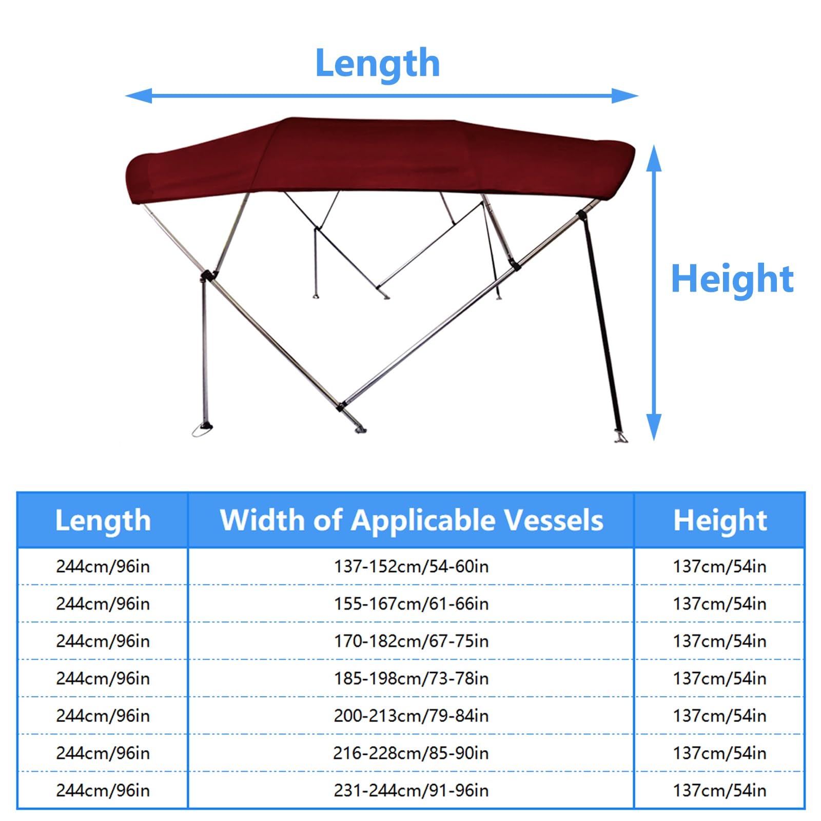 Telo Copribarca Bimini A 4 Archi, Tendalino Parasole for Barca, con Pali di Supporto Posteriori E Vano Portaoggetti(2.3-2.5m/90.6-98.4in)