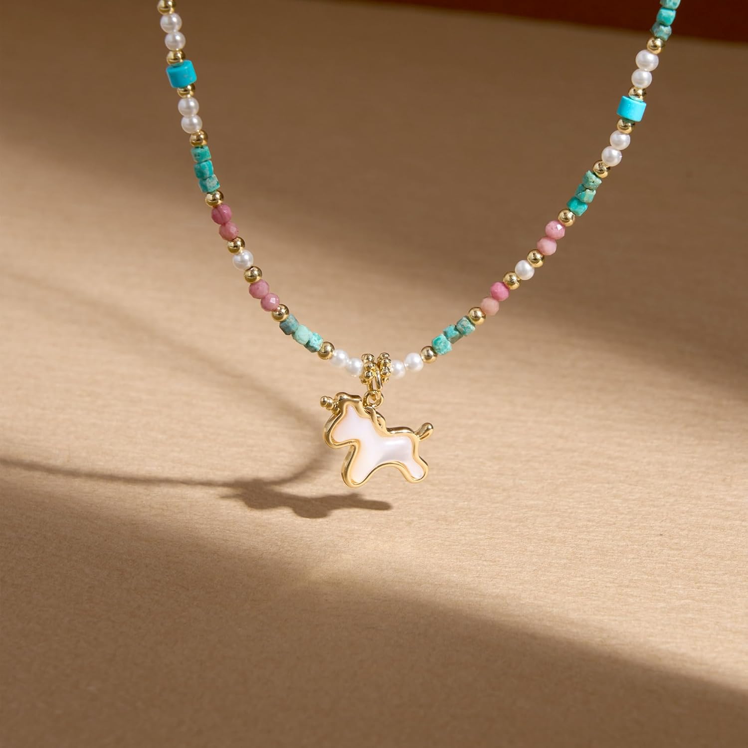 IDOKAWA Boho Beaded Choker Necklace for Women, Colorful Gemstone Mother of Pearl Unicorn Pendant, Healing Crystal Necklace Handmade Stone Jewelry Gift - Image 6