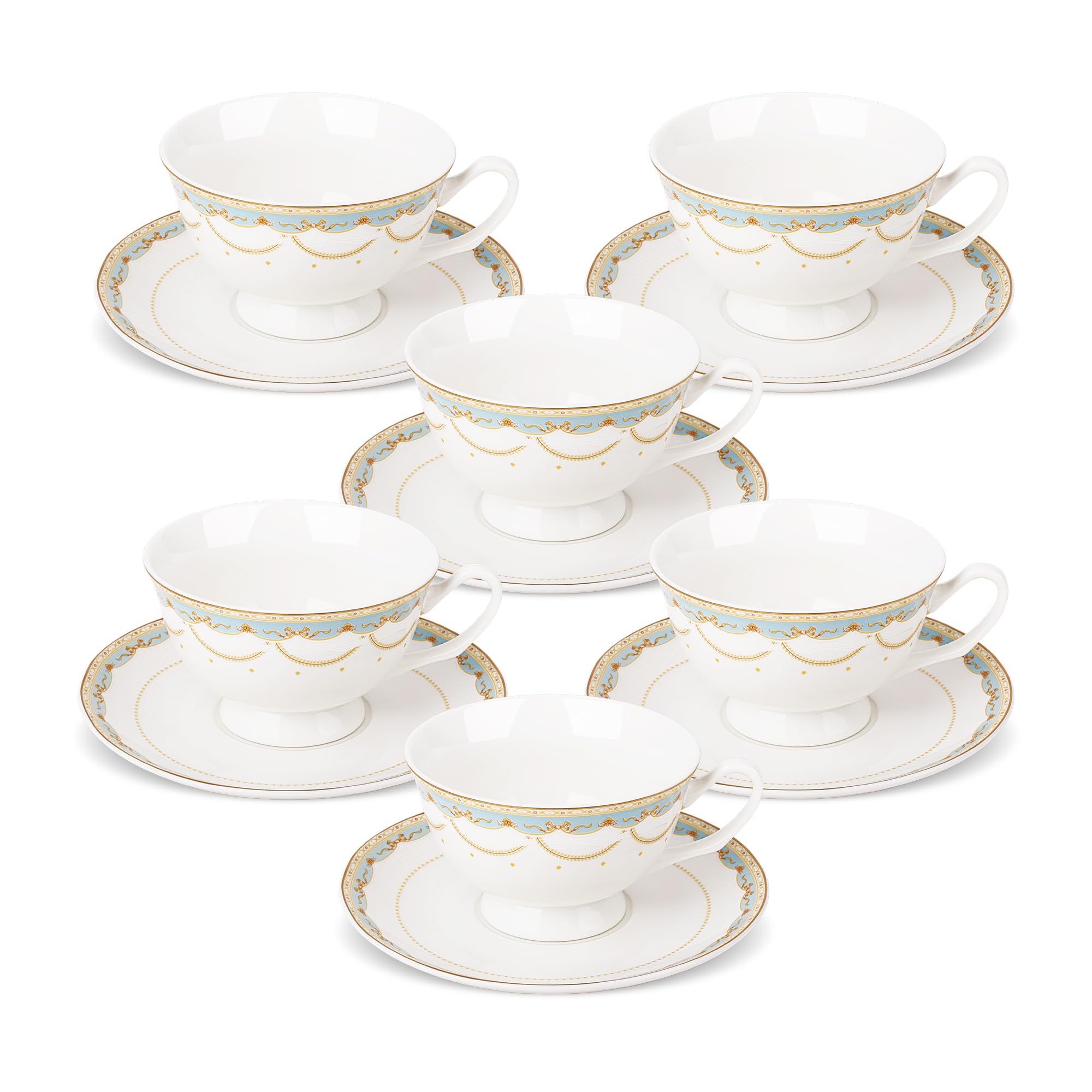 fanquare Tazze da Tè e Piattini in Pizzo Blu Set di 6 Tazze da Caffè Britanniche e Piatti in Osso di Porcellana per Regali per il Tè Pomeridiano