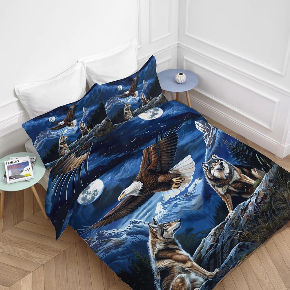 Bald Eagle Wolf 3 Pieces Duvet Cover Comforter Set with 2 Pillowcase Twin Size Bed Sheet Quilt Bedroom Bedding for Lover Kids