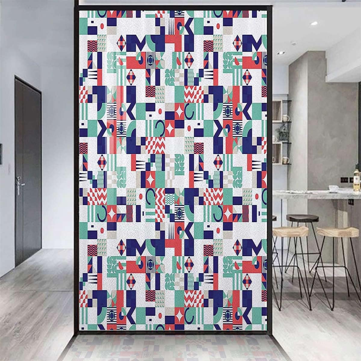 Green Dark Purple Static Cling Non-Adhesive Glass Film Rich Contemporary Mosaic of Funky Window Film Vinyl Non Adhesive Privacy Film Mid Century 31.5Wx62.9L-inch