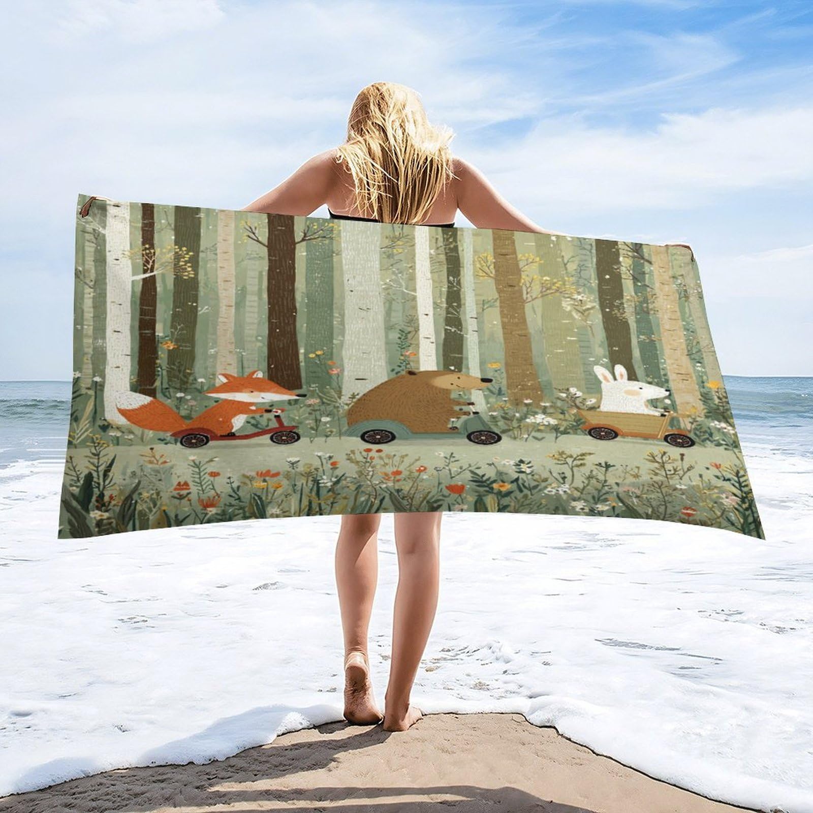 Luyysky Funny Anime Woodland Wildlife Quick-Drying Beach Towel, Cute Watercolor Animal Fox Rabbit Bear Plant Floral Pattern Travel Vacation Single Sided Pile Bathroom Towels-80 W Cm X 160" L Cm