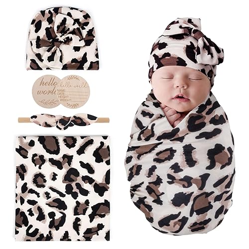 AQOKKA Manta de recepción para bebé niña recién nacida con gorro de lazo a juego y diadema con estampado de flores, manta para envolver al bebé, 1