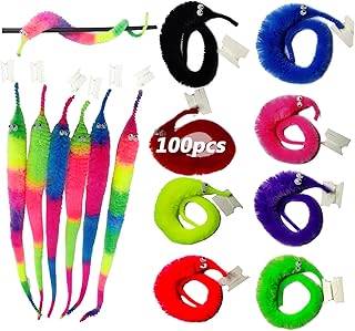100 Pieces Fuzzy Worm Toys Fluffy Toy Worms Rainbow Worms on String Bulk Trick Toys Carnival Party Favors for Kid Cat