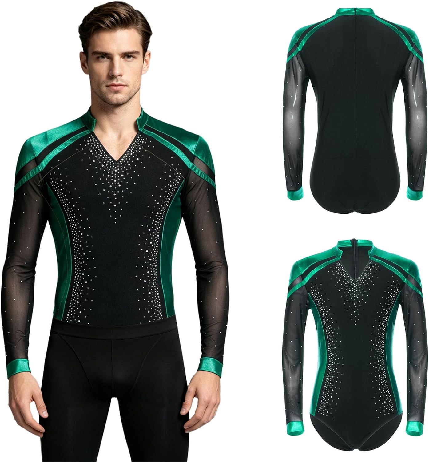Men Latin Dance Leotard Top V Neck Sparkly Rhinestones Long Sleeve Competition Performance Training Shirt