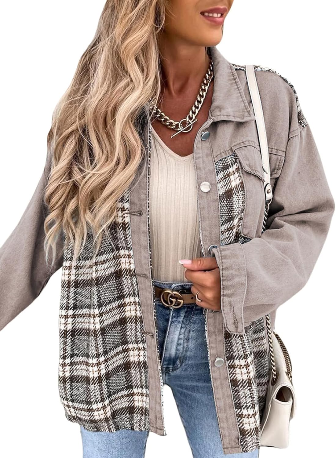 SHEWIN Womens Oversized Denim Jacket Casual Long Sleeve Button Down Plaid Shacket Boyfriend Jean Jacket With Pockets