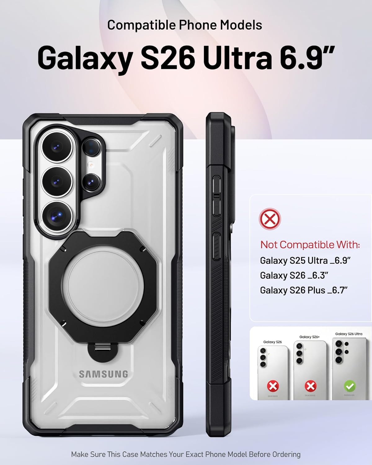 Poetic for Samsung Galaxy S26 Ultra Case | 360° Rotate Magnetic Ring Kickstand | Compatible with MagSafe | Military Grade Drop Proof Protection Cover | 2 Tempered Glass Screen Protector | Black/Clear
