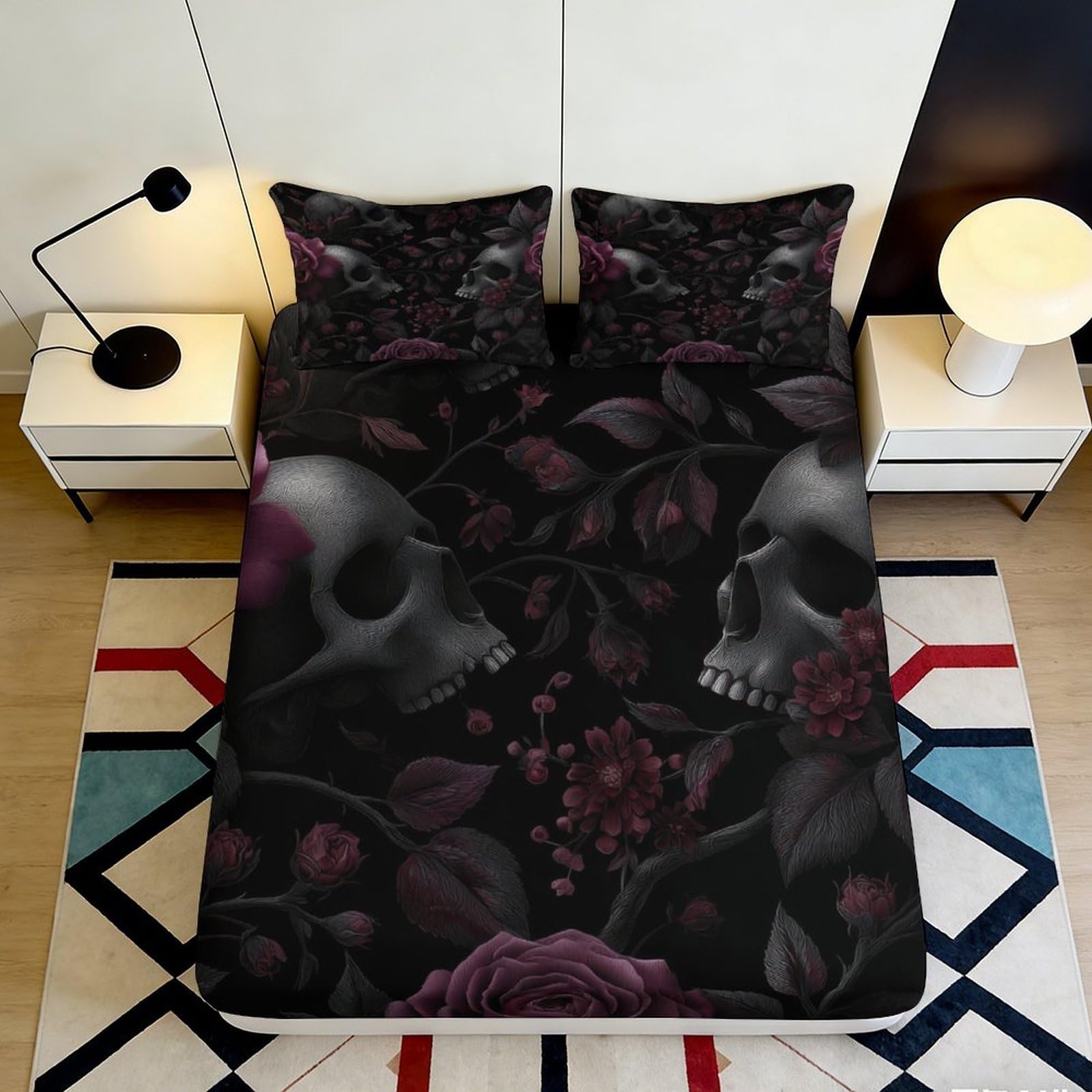 3D Printed Gothic Skull Fitted Sheet Microfiber Deep Pocket Bedroom Bedding Gothic Skull Mattress Fitted Cover Washable Protection 140x200x25cm