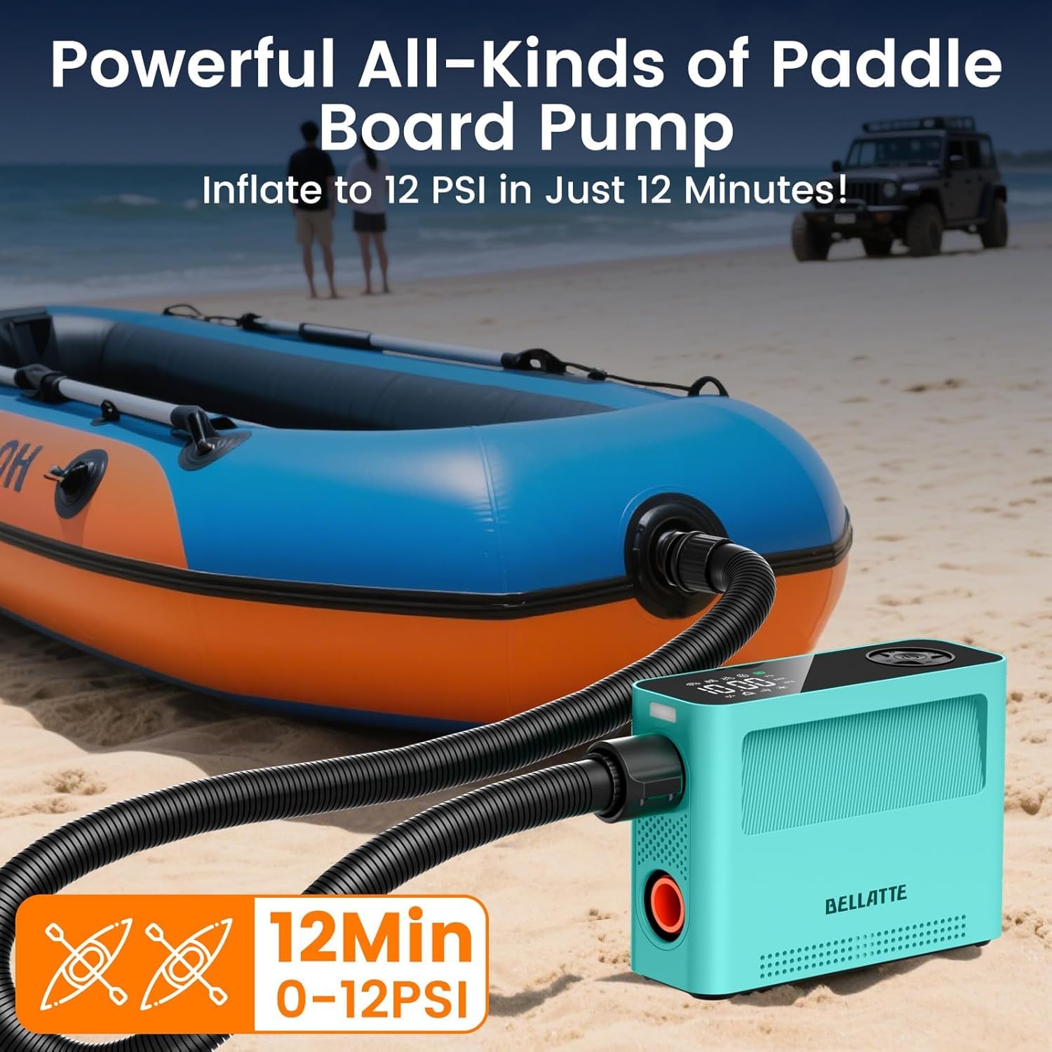 Pompa Elettrica SUP 0-150PSI, Pompa ad Aria Ricaricabile, Auto-Off, Gonfiaggio & Sgonfiaggio, Compressore Aria Elettrico Pompa per Tavole da Paddle, Kayak, Ali del Vento, Materasso,Tyre