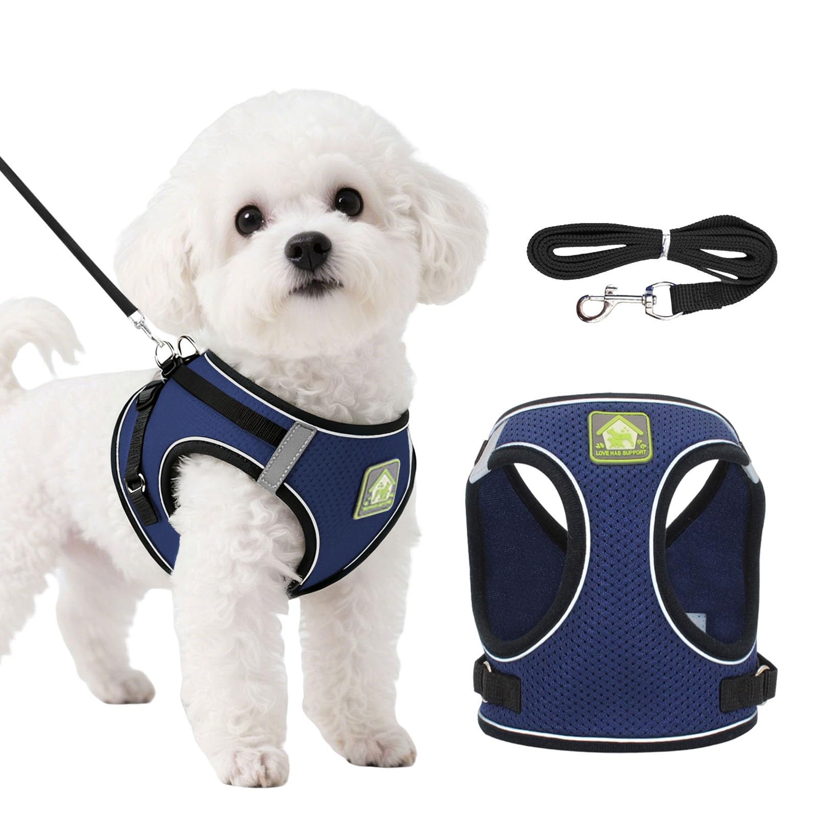 DOINEUFL Puppy Harness, Dog Harness and Leash Set, Soft Mesh Reflective Breathable Lightweight Vest-Style Dog Harness with Safety Buckle for Small and Medium Dogs, Cats, Puppies (Navy, XS)