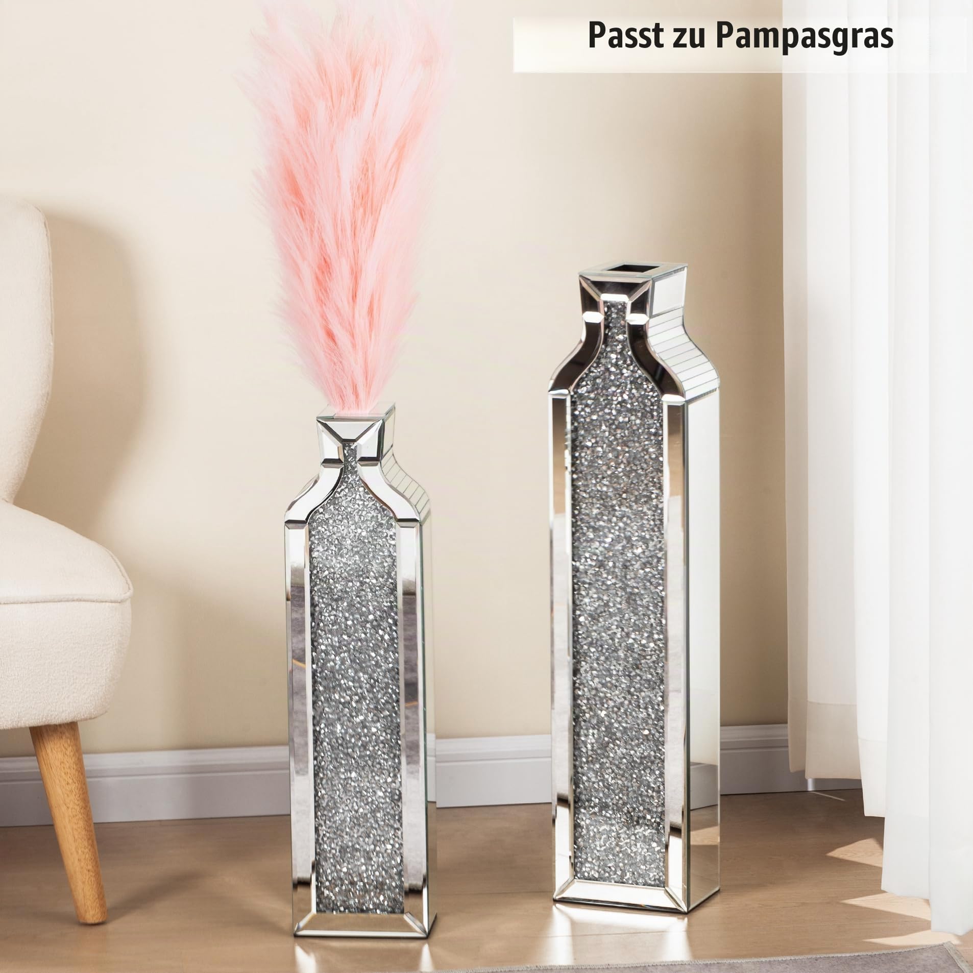 SHYFOY Crushed Diamond Spiegel Boden Vase Set aus 2 – Moderne Silberne Dekorative Kristall Große Vasen für Wohnzimmer, Schlafzimmer, Büro, 61 cm & 76 cm
