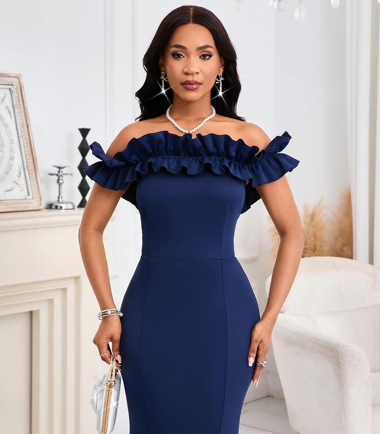 Cololura Sexy Floor-Length Off Shoulder Ruffles Stringy Selvedge Mermaid Bodycon Party Evening Maxi Dress - Image 7