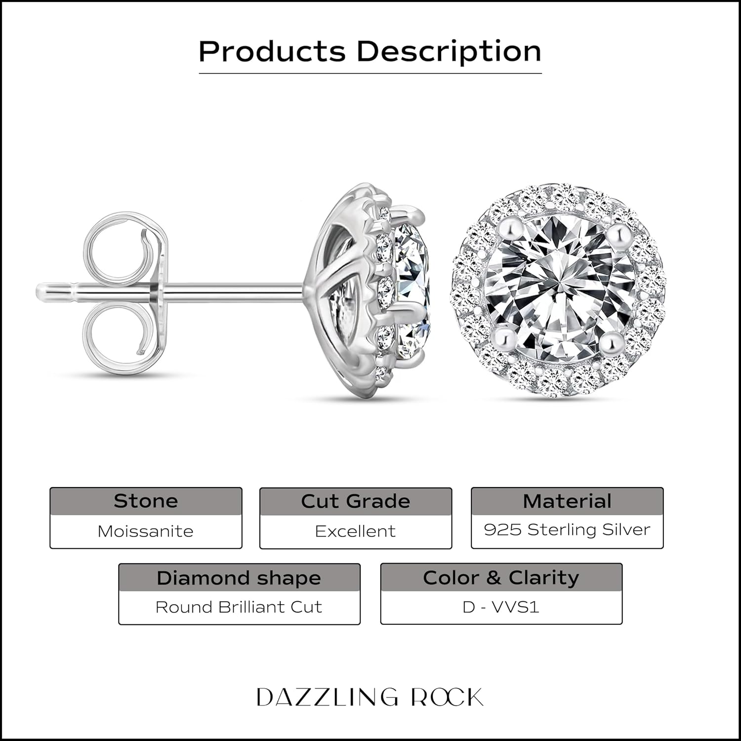 Dazzlingrock Collection GRA Certified D Color VVS1 Round Center Moissanite & Side Cubic Zirconia Radiant Halo Stud Earrings for Her in 14K White Gold Plated Sterling Silver