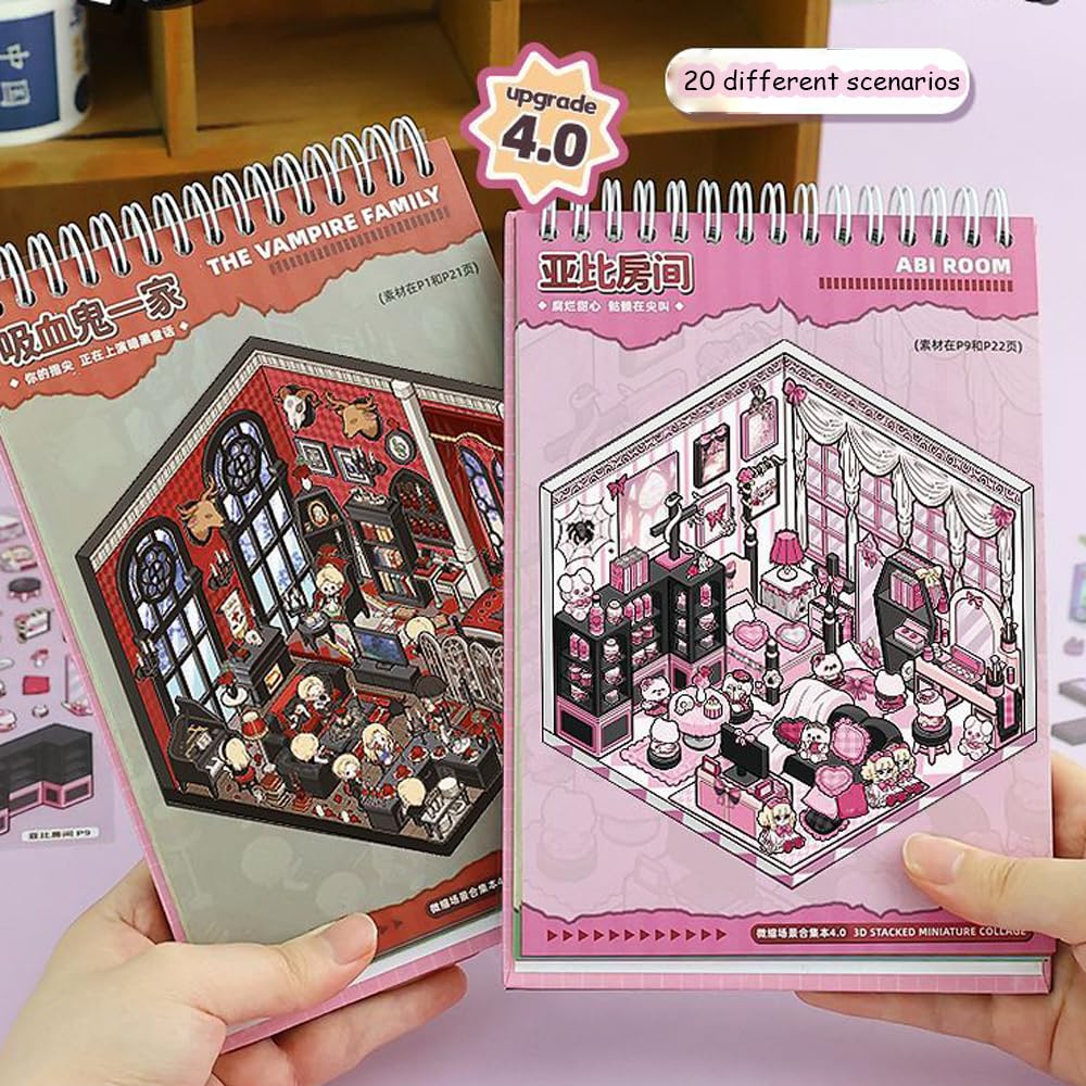 20 Sets 3D Sticker Scene Book – Fun Cartoon Sticker Room Craft For Adults & Kids, Stress Relief Activity