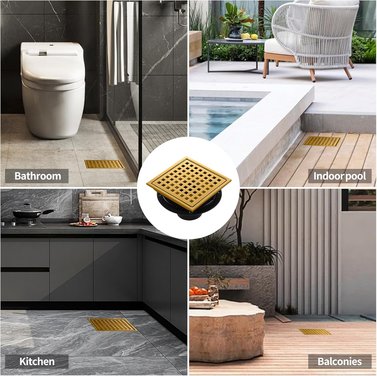 Shower Drain, Brushed Gold 6 inch Shower Floor Square Drain with Flange, Removeable Grid Panel SUS 304 Stainless Steel Square Shower Drain