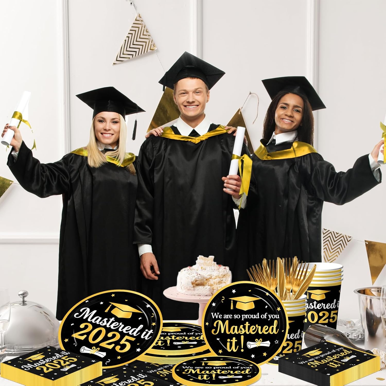Graduation Decorations Class of 2026, Black Gold Mastered It 2026 Disposable Paper Plates Napkins and Cups for Master College High School Graduation Party Supplies Serve 25