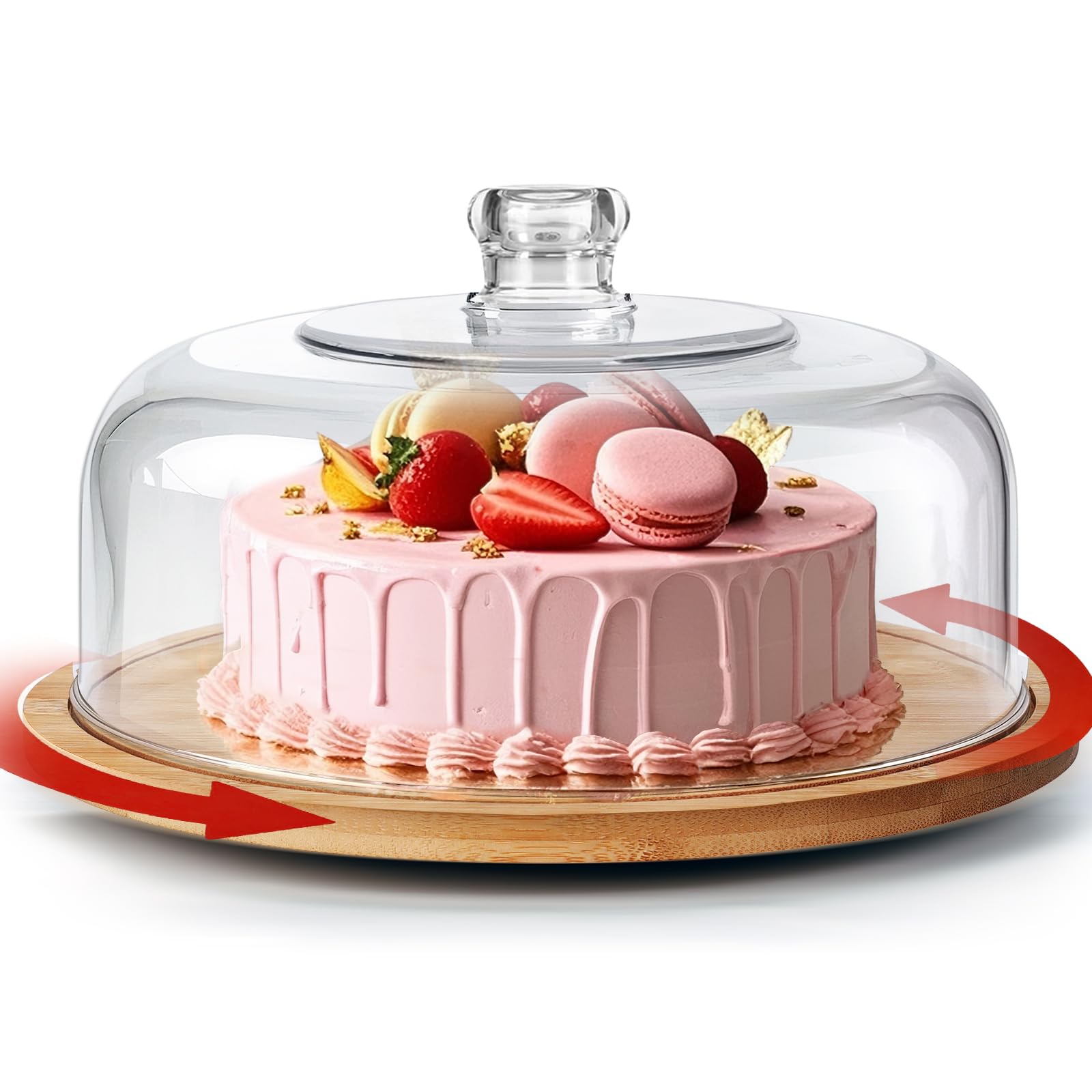 OZD Rotating Cake Stand, 12" Cake Stand with Lid, Wooden Cake Stand with Acrylic Dome, Cake Display for Weddings, Birthdays, Partys, Café