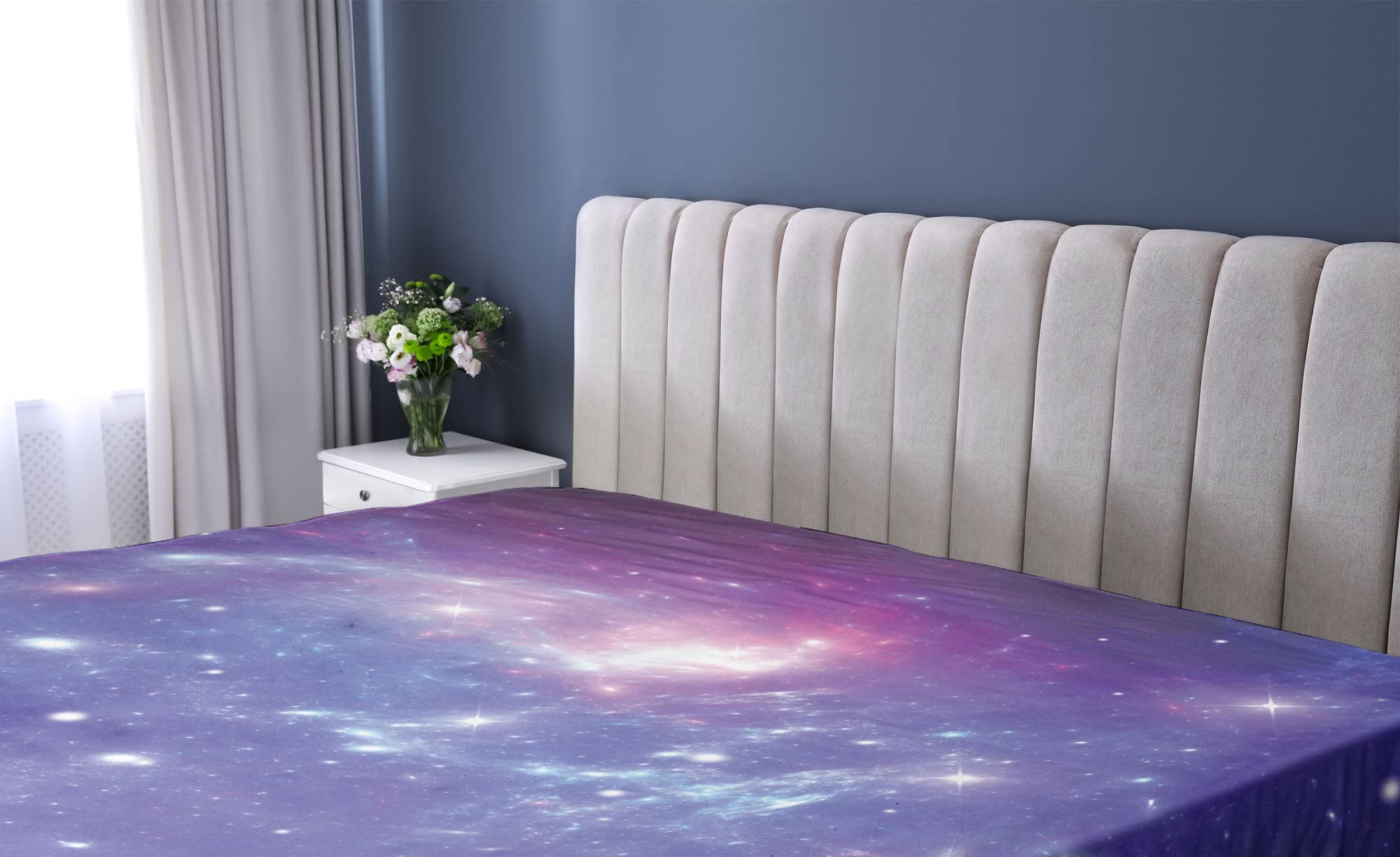 Ambesonne Outer Space Fitted Sheet, Nebula Gas Cloud Dust Spiral Expanse Planet Galaxy System Milky Way Inspired, Bed Cover with All-Round Elastic Pocket for Comfort, California King, Purple Navy