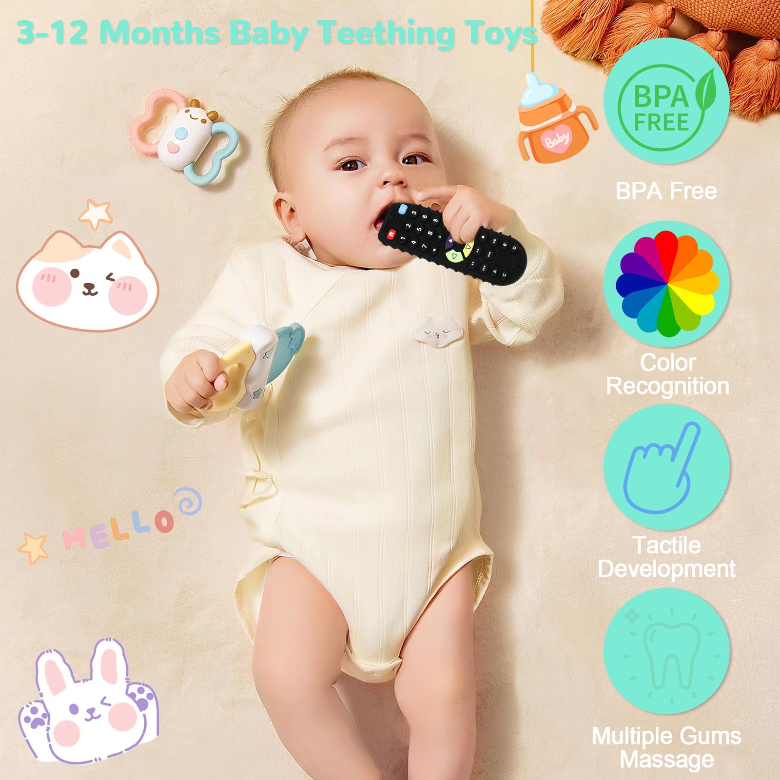 Massaggia Gengive per Neonati, 2 Pezzi Telecomando Giochi Dentizione Neonato, Massaggiagengive in Silicone Senza BPA, Dentizione Sollievo Giocattoli per 3-12 Mesi Bambini