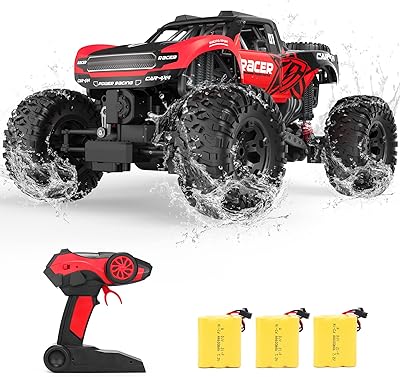 Large Remote Control Monster Truck, 1:12 Scale 4WD Offroad Waterproof Trucks for Boys 8-12, Amphibious RC Car, All Terrains Crawler with 3 Rechargeable Batteries, Birthday for Kids