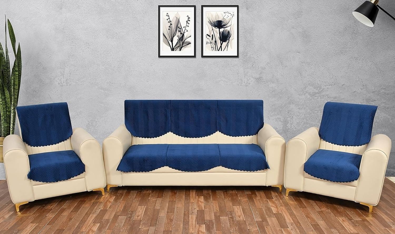 Blush and Bloom 5 Seater 3+1+1 Self Design Velvet Quilted Sofa Cover and Chair Cover, Seat and Back Cover-Navy Blue-picture-23