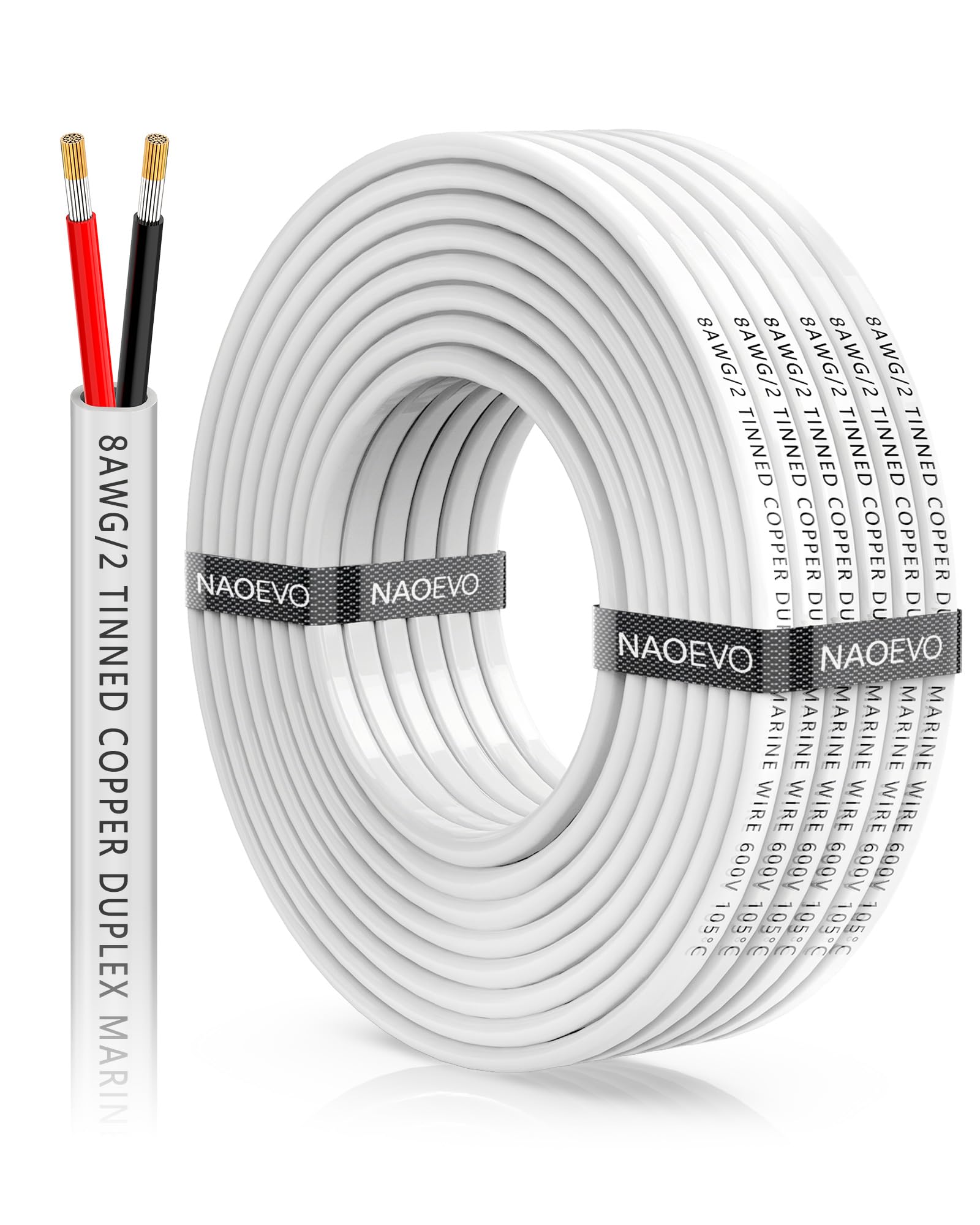 NAOEVO 8 Gauge Marine Wire Duplex, 8 AWG Stranded PVC Marine Electrical Wire, Waterproof/Corrosion Resistant/Tinned Copper Electrical Cable for Boat/Automotive/RV/Solar (30FT)