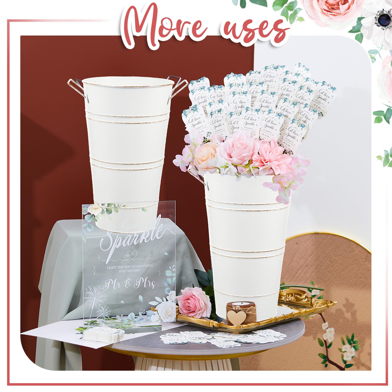 Henoyso Greenery Hochzeits-Wunderkerzen-Set, 150 Hochzeits-Wunderkerzenanhänger, "Let Love Sparkle Wedding Send Off", Acrylschild, 2 verzinkte Metalleimer für Hochzeitstisch, Tafelaufsatz Zuhause,