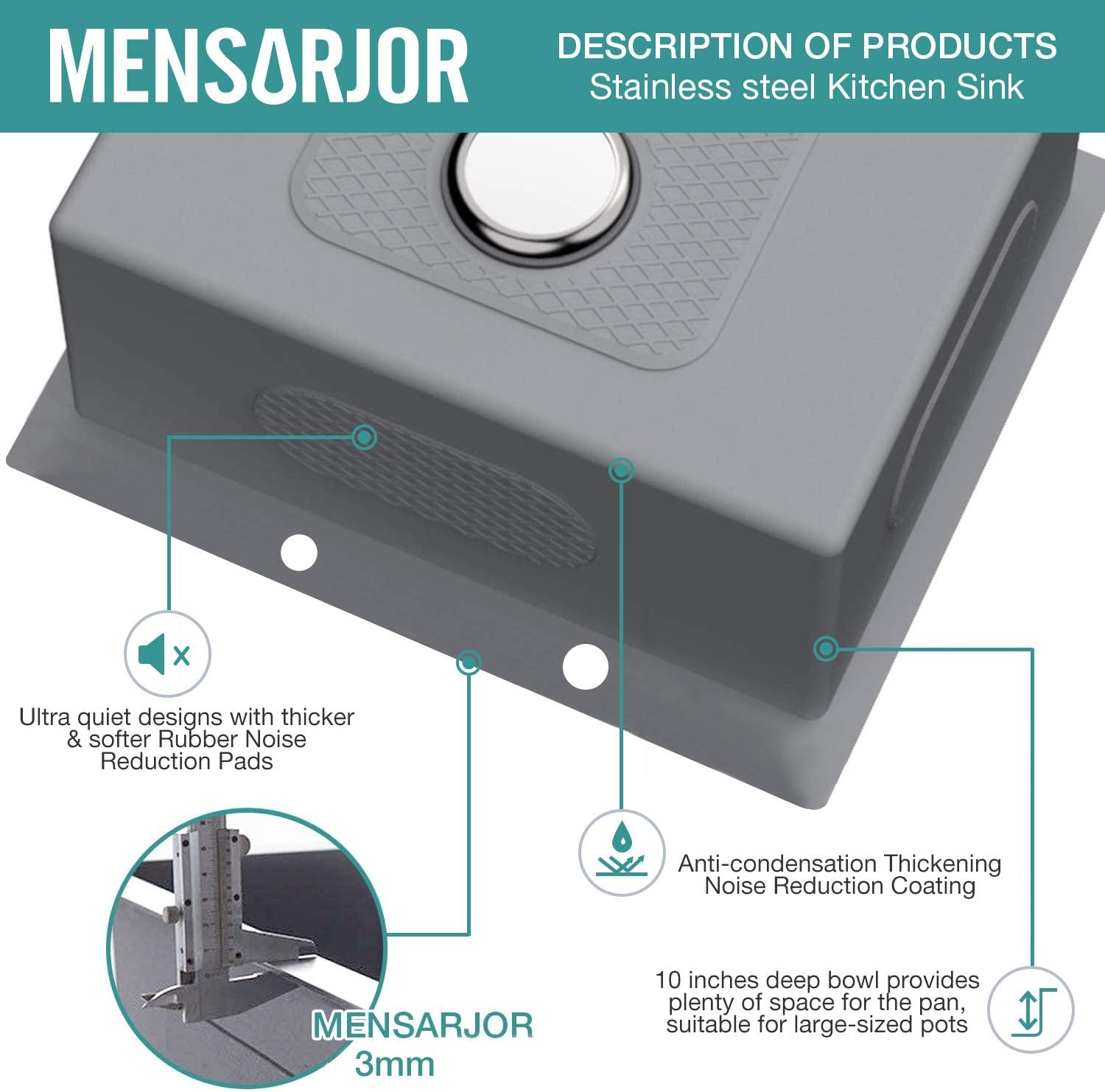 Holiday Deals 🛒 MENSARJOR 25 x 22 Workstation Ledge Drop-in Topmount Handmade Kitchen Sink SUS304 Stainless Steel 18 Gauge Single Bowl Exclusive Discount 70% Price MENSARJOR 25 x 22 Workstation Ledge Drop-in Topmount Handmade Kitchen Sink SUS304 Stainless Steel 18 Gauge Single Bowl