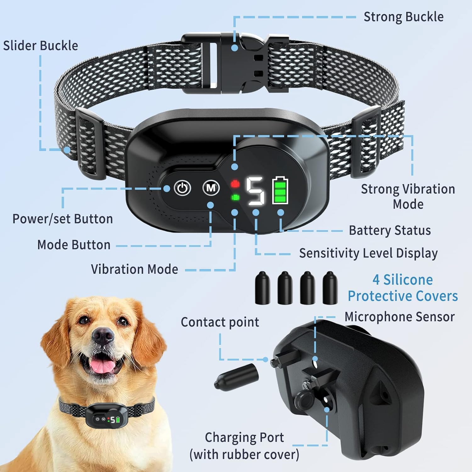 DJXIK Bark Stop Collar for Dogs, Rechargeable Vibrating Dog Collar, Waterproof IP67, 5 Adjustable Sensitivity, for Dogs 8-150 Lbs