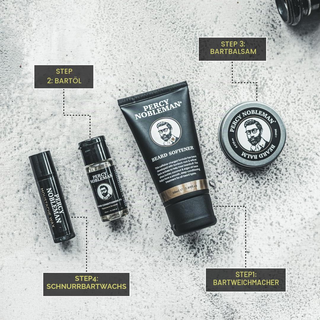 Percy Nobleman Bart Survival Kit - Bartpflege & Pflegeset mit duftendem Bartöl, Bartbalsam, Schnurrbartwachs & Bartweichmacher für Konditionierung, Weichmachung, Hydratation, Styling & Bartpflege