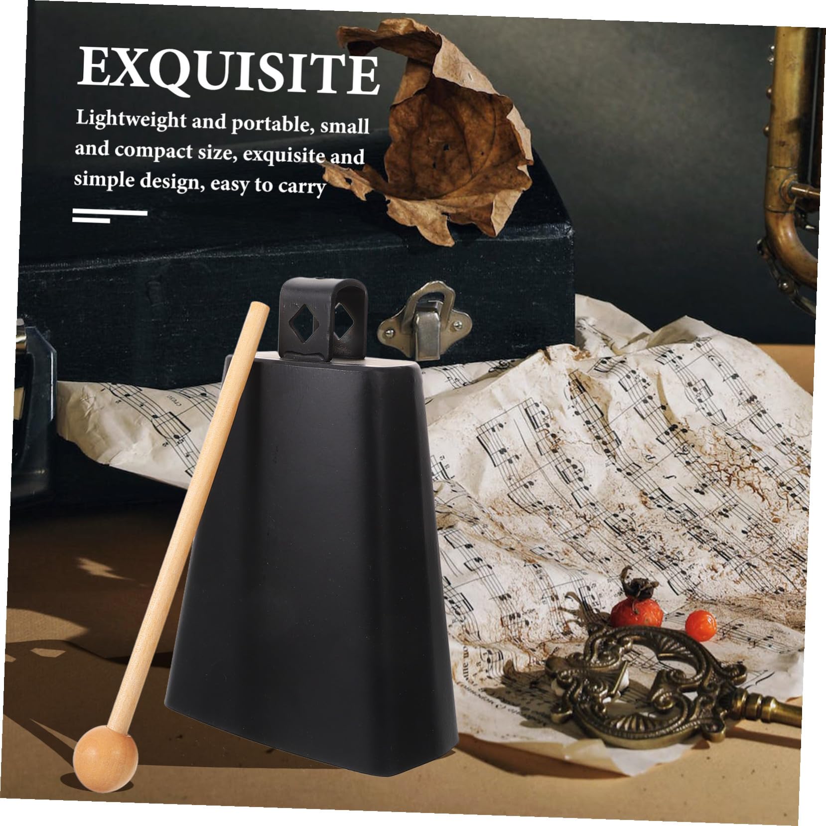WOONEKY Cencerro de Metal Compacto para Percusión con Baqueta Instrumento Portátil para Eventos Deportivos y Práctica Musical para Principiantes y Desarrollo Rítmico Infantil