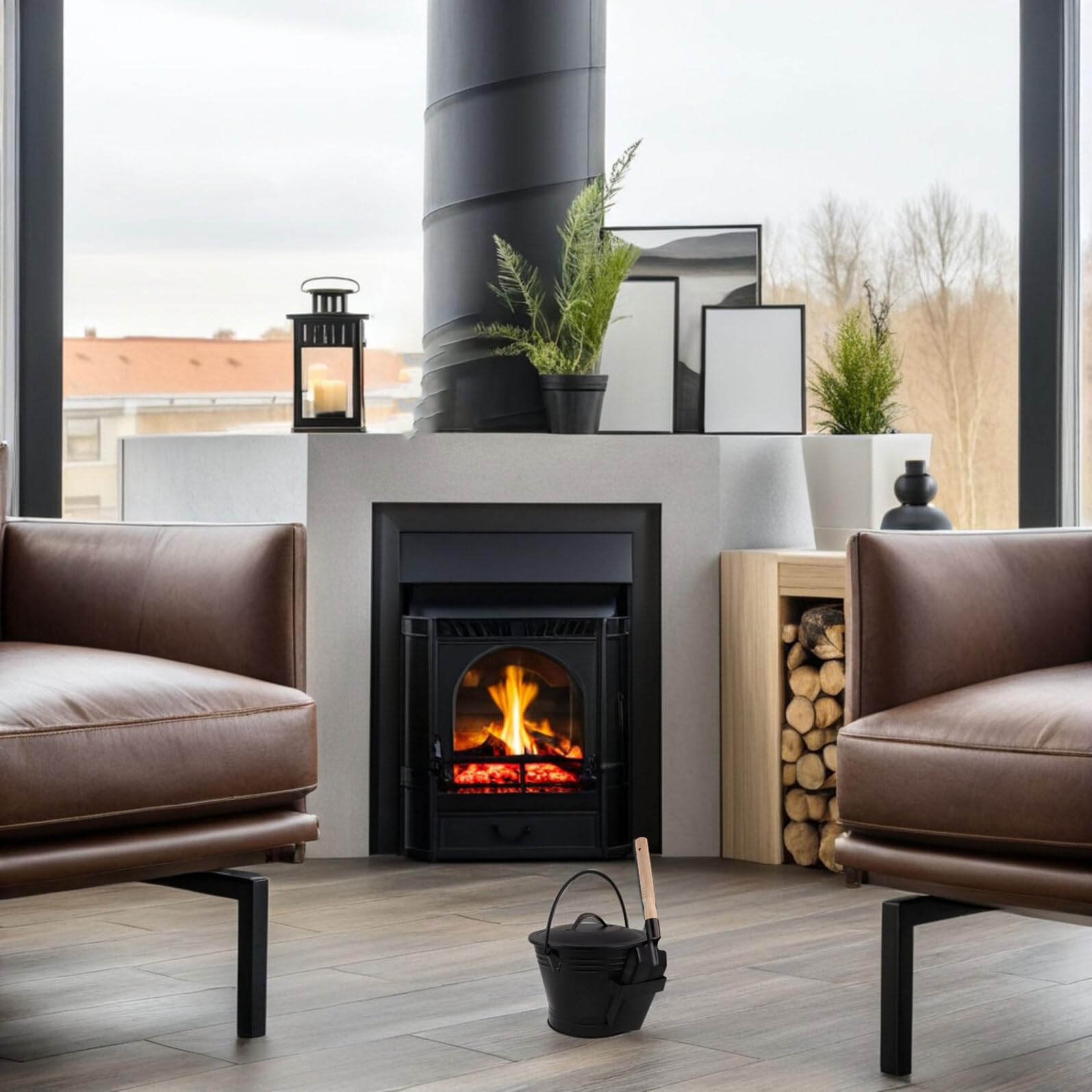 Secchio per Cenere con Coperchio in Ferro, Set 1 Nero | Manico in Legno Antiscivolo, Paletta per Cenere Inclusa, Resistente alla Ruggine