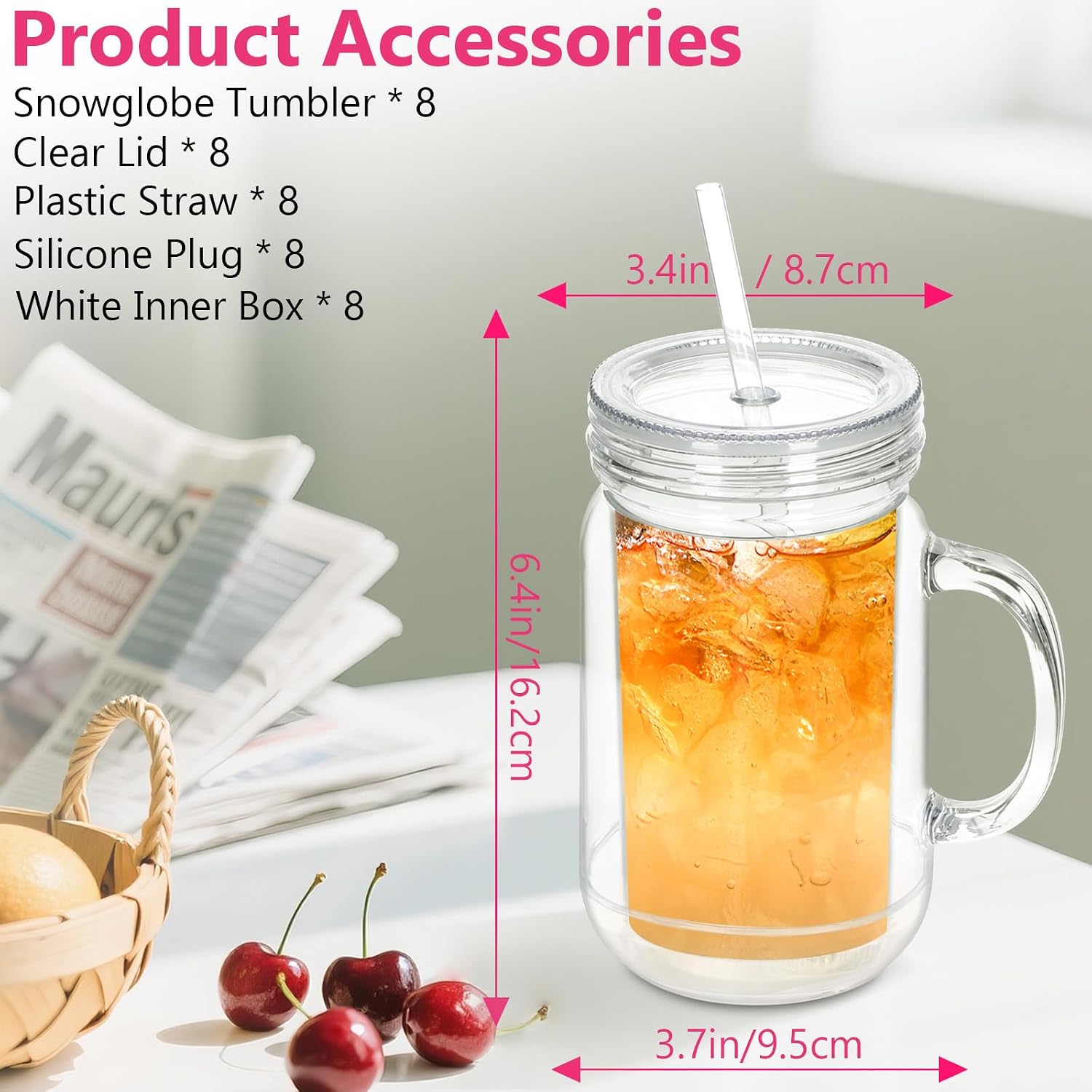 20 oz 8 pack acrylic snowglobe tumbler with handle, snow globe cups with pre drilled hole, double wall plastic mason jars with handle for snow globe glitter diy (clear) clear 8