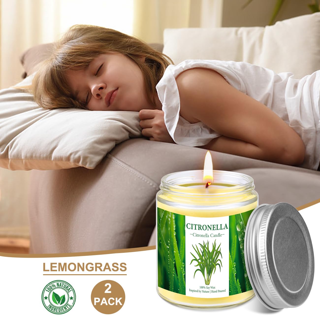 Bougies Citronnelle 2x 8oz VICBAY - 120 Heures Brûle - Cire Soja Naturelle Extérieur Jardin